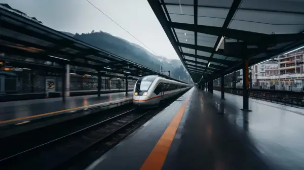 Un moderno tren blanco y naranja se desliza por la estación, listo para su viaje de A Coruña a Vigo.